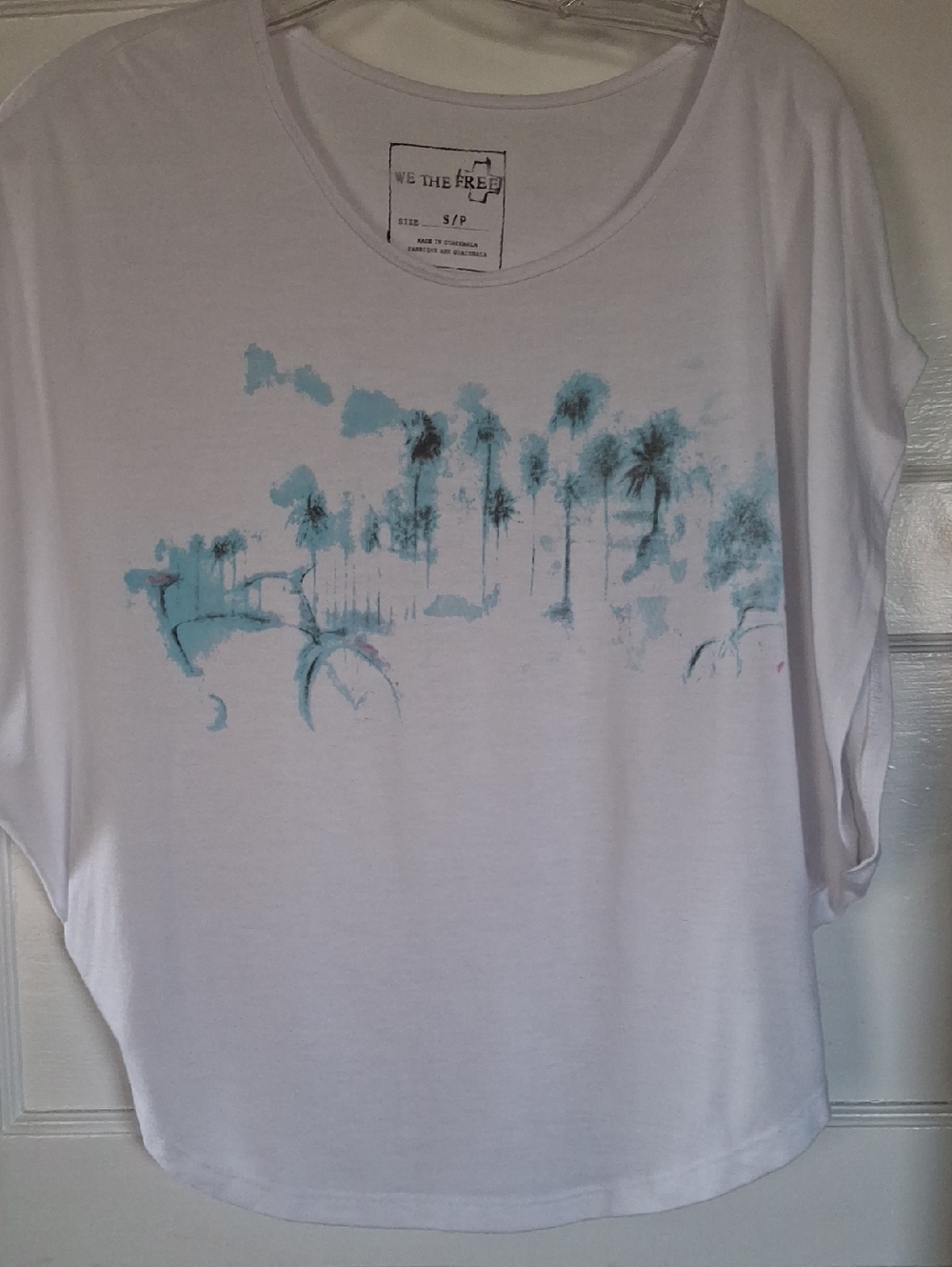 We The Free White Tee with Aqua Palm and Bicycle Print